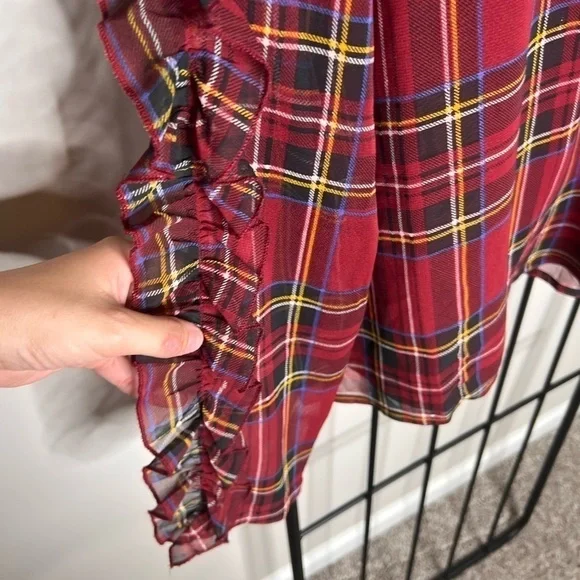 Mudpie Tartan Plaid Sheer Ruffle Chiffon Blouse Sz M - Picture 5 of 12
